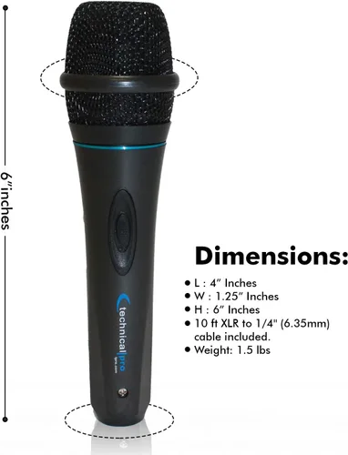 Vista 3 de Technical Pro MK75 Micrófono dinámico con cable XLR de 10 pies a ¼ de pulgada - Grado profesional, cardioide, carcasa de metal duradera, ideal