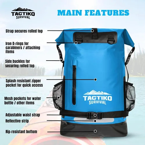 Vista 5 de TACTIKO Mochila resistente 100% impermeable, bolsas secas enrollables para kayak, senderismo, campamento, supervivencia
