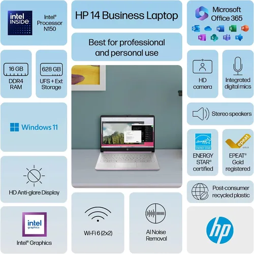 Vista 3 de HP 14 Laptop Student Business 2025 Flagship Computer, Copilot de IA, CPU Intel de 4 núcleos de 13ª generación, 16GB de RAM, 628GB de almacenamiento