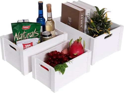 Vista 4 de Cajas modernas de madera blanca para almacenamiento, cajas decorativas rústicas, juego de 3 cajas de almacenamiento de madera extra grandes
