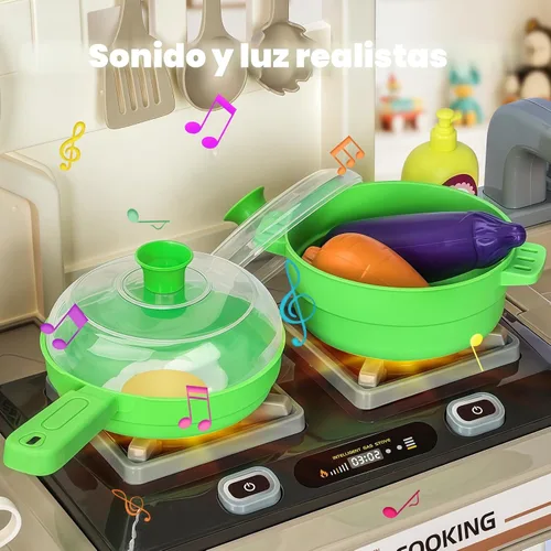 Vista 3 de Juego de cocina para niños, juego de cocina para niños pequeños, juguetes con sonido y luz, estufa de cocina, fregadero de juegos, accesorios