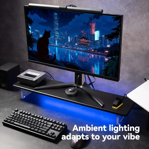 Vista 3 de Soporte elevador de bambú para monitor con luces RGB, estante de escritorio de 31.5 pulgadas con patas acrílicas para escritorio, monitor