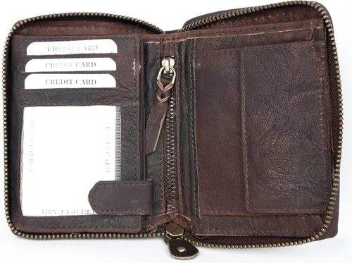 Vista 3 de FLW Cartera grande de piel auténtica duradera con cremallera marrón oscuro, Marrón oscuro, Cartera triple