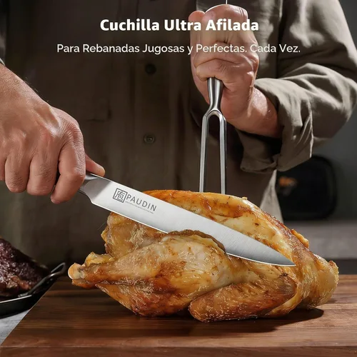 Vista 2 de Juego de cuchillo y tenedor de tallado PAUDIN - 8" Cuchillo de tallado de pavo de acero alemán y tenedor con mango ergonómico, de espiga completa