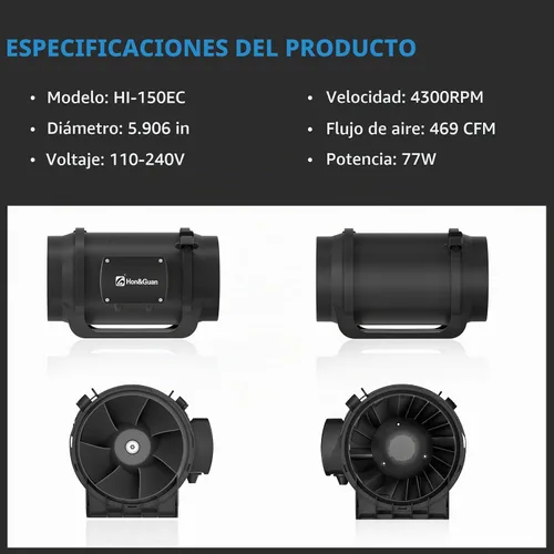 Vista 2 de Hon&Guan Ventilador de Conducto en Línea 469 CFM, ventilador en línea de 6 pulgadas con Controlador de Velocidad Variable Motor EC, Ventilador