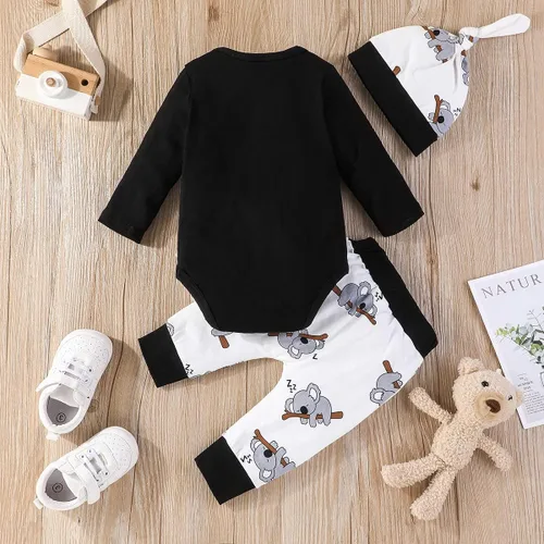 Vista 3 de Conjunto de ropa para bebé recién nacido, con estampado de koala, manga larga, pantalones largos, gorro, 3 piezas, para otoño e invierno