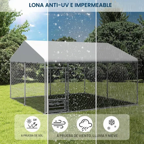 Vista 3 de Yafylly Perrera para perros XL de 10 x 10 pies – Perrera exterior con techo, perreras cubiertas con puerta de alimentación, recinto para perros al
