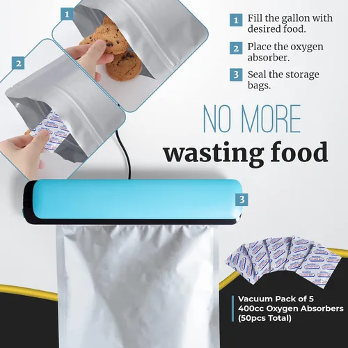 Vista 8 de 50 bolsas de Mylar para almacenamiento de alimentos, bolsas de Mylar de 0.5 y 1 galón con absorbentes de oxígeno de 400 cc - 9.4 mil extra gruesas