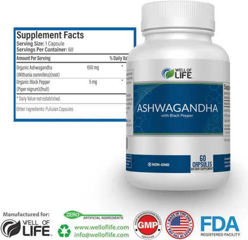 Vista 3 de Well of Life Ashwagandha Suplementos 1300mg por porción – con extracto de pimienta negra para calma, concentración y apoyo para dormir 60 cápsulas
