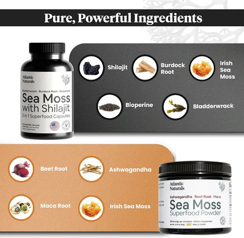 Vista 2 de Atlantic Naturals Paquete de superalimentos de musgo marino – Musgo marino con cápsulas Shilajit 5 en 1 y polvo de musgo marino con ashwagandha