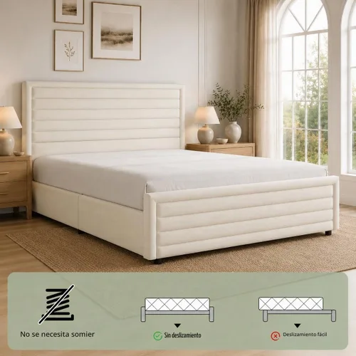 Vista 4 de REVOMINCA Armazón de cama tamaño completo (Full Size), plataforma tapizada con cabecera y pie de cama de terciopelo, base de colchón con listones