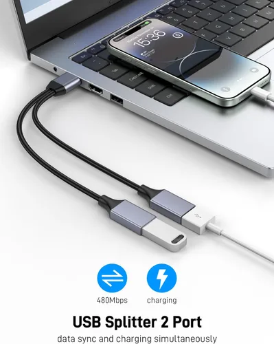 Vista 2 de USBA Y Splitter 1 en 2 salidas, USB macho a 2 hembras Cable para PC, tableta, portátil, MacBook, teclado, PS4, PS5, mouse, FlashDrive, LED, etc.