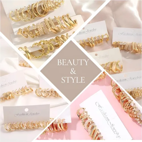 Vista 8 de Juego de 24 pares de aretes de aro dorados para mujeres y niñas, paquete múltiple de aretes de aro trenzados, hipoalergénicos, de cadena gruesa