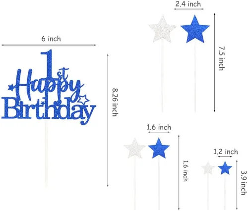 Vista 2 de Decoración brillante para tarta de primer cumpleaños feliz con estrella, adornos personalizados para tarta de 1 cumpleaños, decoraciones de fiesta