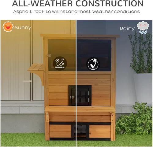 Vista 5 de 3-Tier Modular Cat House: Asphalt Roof, Lifted Floor, Escape Door + Jump Platforms, Yellow/Black Finish, 38.5x27x48in, Fir Construction, 10lb