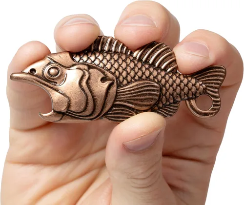 Vista 7 de Abrebotellas de pescado para hombres – Abrebotellas de pesca de cobre antiguo, abridor detallado de cerveza de bajo de boca grande, regalo