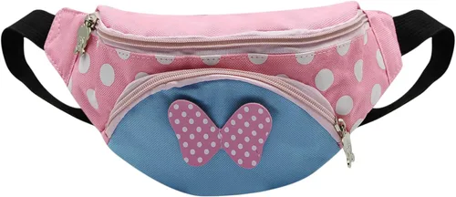 Vista 2 de Riñonera para niños, con lindo diseño de lunares y lazo, mini bolsa cruzada para niñas y niños pequeños para viajes deportivos, Rosado, Casual