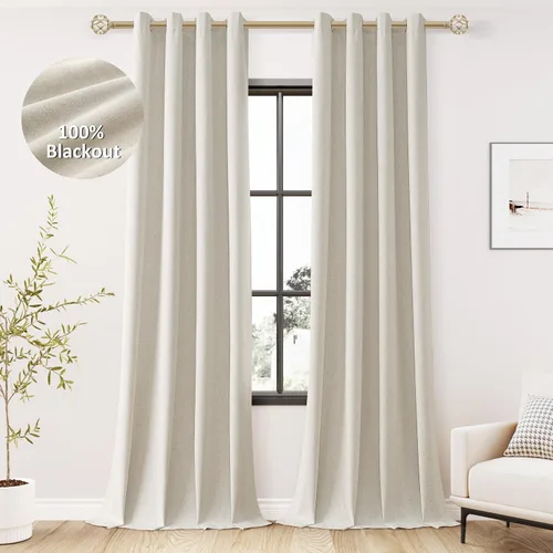 Vista 48 de Beige White Linen Blackout Curtains 90 Length 2 Panels Set for Living Room Bedroom, 100% Black Out Thermal Insulated Linen Drapes, Room Darkening