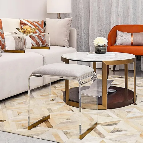 Vista 6 de QQXX Taburete de acrílico con asiento acolchado de terciopelo, mesita de noche de acrílico transparente, mesa auxiliar cuadrada, taburete moderno