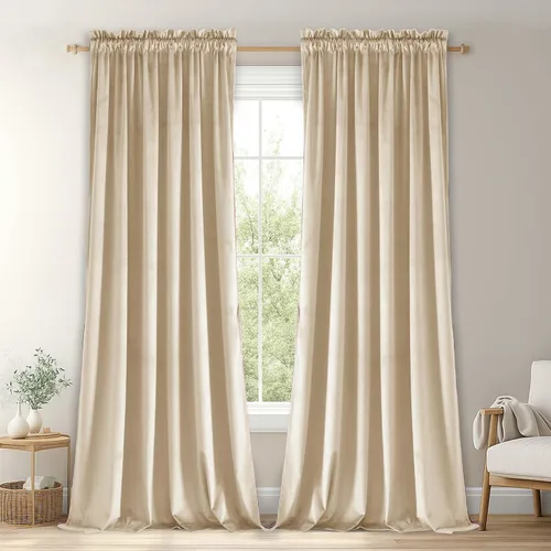 Vista 19 de JIUZHEN Cortinas de terciopelo beige de 63 pulgadas de ancho x 63 pulgadas de largo, cortinas de terciopelo retro suaves con bolsillo para barra
