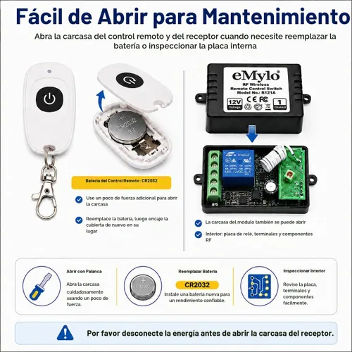 Vista 5 de Interruptor de relé RF inteligente eMylo Interruptor de control remoto inalámbrico DC 12V Módulo momentáneo de un canal 433Mhz receptor de relé