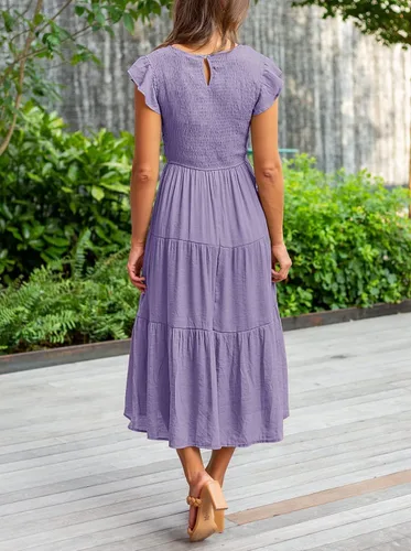 Vista 3 de MEROKEETY - Vestido midi fruncido de manga corta para mujer, vestido de verano casual, acampanado, con cintura elástica y escalonado
