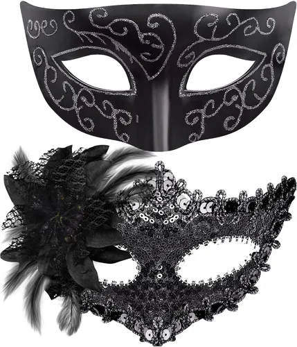 Vista 30 de Juego de Máscaras para Pareja de SIQUK, Máscara de Fiesta Veneciana, Máscara de Disfraz