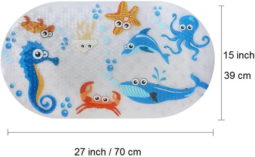 Vista 2 de Tapete de baño antideslizante para bebé con ventosas para bañera, tapete antideslizante para ducha, 27 x 15 pulgadas, bonito diseño