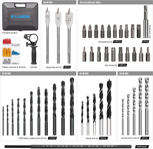 Vista 2 de Taladro de martillo con cable, kit de martillo de 5 A de 1/2 pulgada con juego de 105 brocas, taladro de impacto de velocidad variable de 0-3000