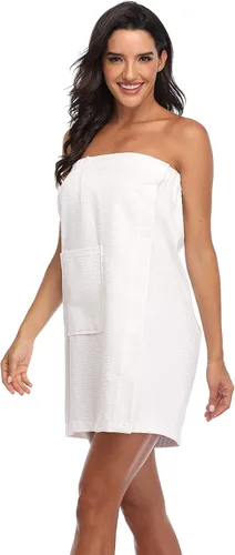 Vista 4 de Bata de baño para mujer, estilo gofre, longitud hasta la rodilla, ligera, corta con cierre ajustable