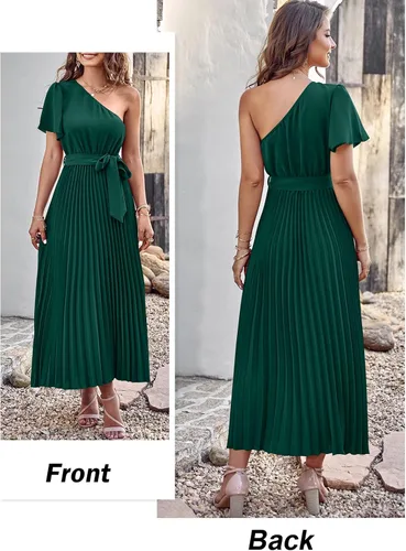 Vista 7 de MASCOMODA Vestido largo plisado de un hombro para mujer, vestido largo de verano floral bohemio de manga corta con lazo en la cintura y línea A