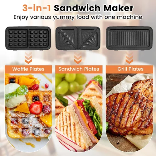 Vista 3 de BECOMFORT Máquina de gofres 3 en 1, prensa de sándwich con 3 placas antiadherentes extraíbles, luces indicadoras, mango de tacto frío, sandwich