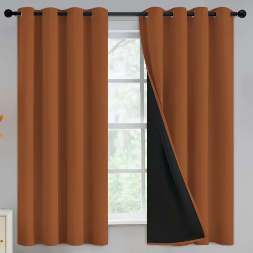 Vista 100 de Yakamok Cortinas 100% opacas para dormitorio, 63 pulgadas de largo, cortinas de bloqueo de luz total con respaldo negro, paneles de ojales sólidos