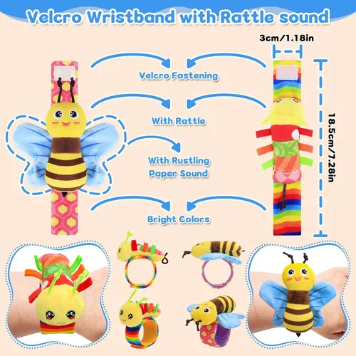Vista 6 de Juguetes para bebés de 0 a 6 meses - Sonajeros de muñeca y calcetines con sonajero para pies y localizador de pies para bebés recién nacidos, niños