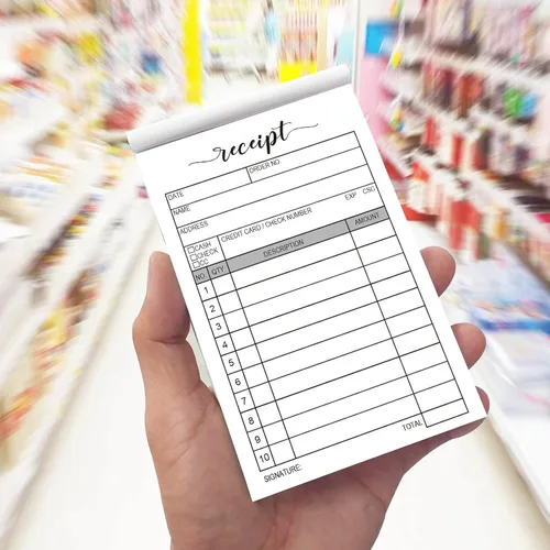 Vista 4 de Paquete de 2 bloc de recibos de 50 unidades, formulario de recibo de ventas de copia duplicada de carbono, folleto de factura para tiendas