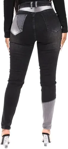 Vista 2 de vanberfia - Pantalones elásticos de cintura media para mujer, diseño retazos de mezclilla