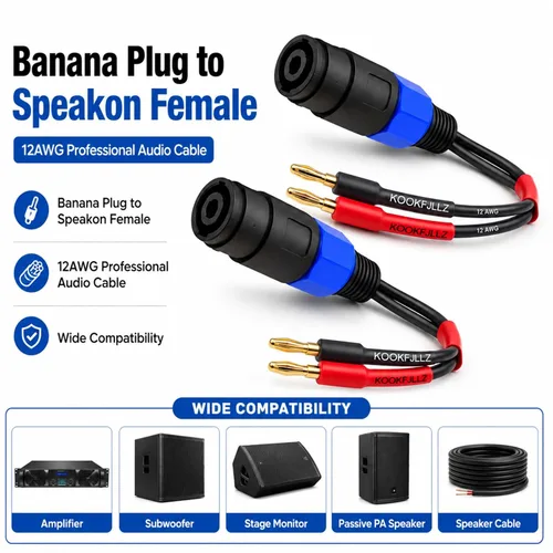 Vista 7 de Adaptador de cable de altavoz, conector banana de 0.157 in a conector hembra Speakon, cable de audio profesional de 12 AWG para amplificadores