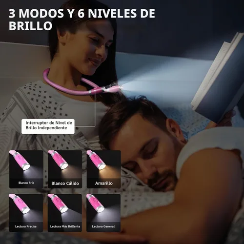 Vista 2 de LUXJET Luz de lectura de cuello y luz de libro para leer en la cama, manos libres, 3 colores y 6 niveles de brillo, brazos flexibles de 360° Rosa