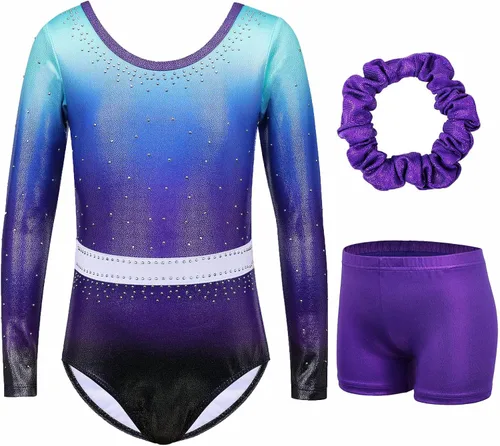 Vista 12 de XFGIRLS Leotardos de gimnasia para niñas con purpurina y pantalones cortos a juego Negro