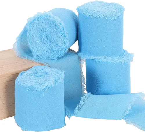 Vista 16 de TONIFUL 4 rollos de cinta de seda de gasa azul claro azul claro de 1-1/2 pulgadas, 22 yardas hechas a mano con flecos, juego de cintas de gasa