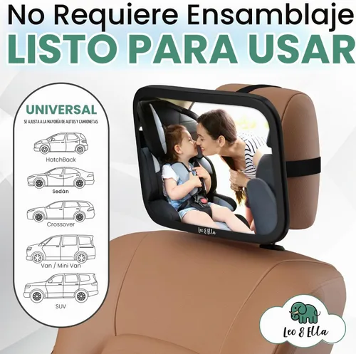 Vista 8 de Leo&Ella Espejo de coche para bebé, tamaño mediano, con montaje ajustable de 360°, visión infantil ultra transparente, inastillable, montaje