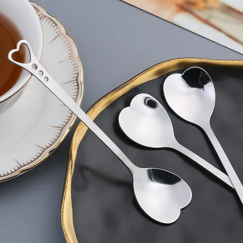Vista 4 de Juego de 10 cucharas de postre de acero inoxidable en forma de corazón para el hogar, restaurante, cafetería y bar, diseño elegante, uso