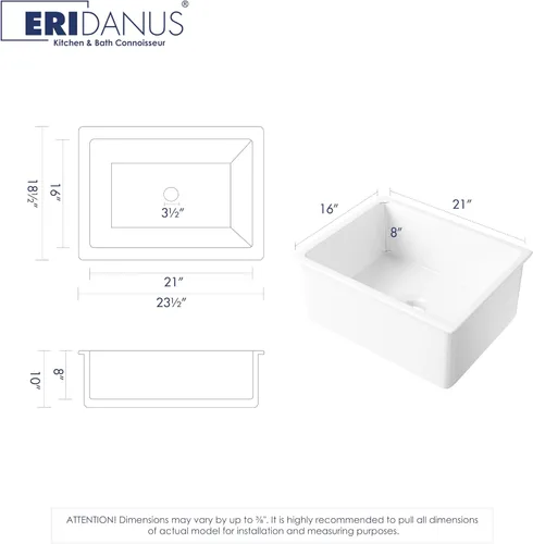 Vista 3 de Eridanus - Fregadero de cocina de cerámica rectangular de 24 pulgadas, 23½ x 18½ x 10 pulgadas