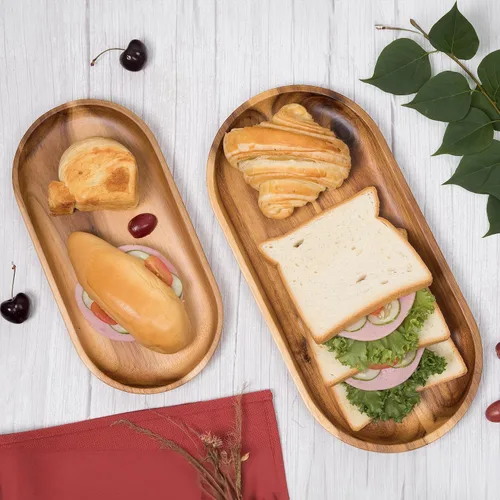 Vista 5 de VieWood Bandejas de madera de acacia, juego de 2 bandejas para servir para decoración del hogar, tabla de servir de madera para frutas, cupcakes