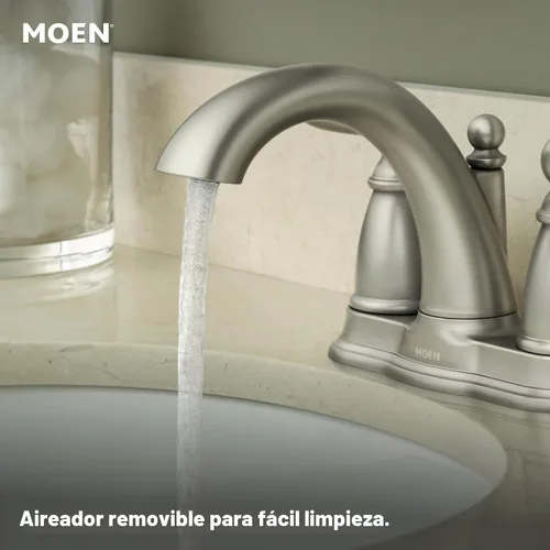 Vista 5 de Moen Brantford de níquel cepillado - Grifo de baño de arco bajo con dos manijas, montaje tradicional de centro con desagüe, 6610BN