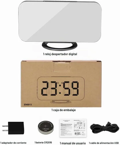 Vista 5 de Reloj despertador digital, relojes electrónicos con espejo LED de 7 pulgadas, con 2 puertos de carga USB, modo de suspensión, ajuste automático
