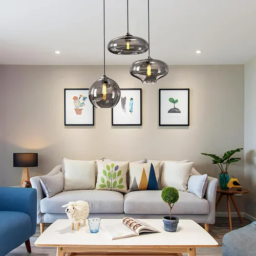 Vista 2 de Moderna Lámpara Colgante de 3 Luces de Vidrio en Tono Gris Ahumado con Globo de Cristal Clúster Lámpara de Techo de Estilo Nórdico con Múltiples