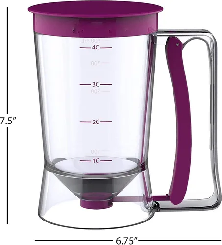 Vista 2 de Herramienta dispensadora de masa para panqueques, crepes, gofres con etiqueta de medición, soporte de mango para apretar (morado)