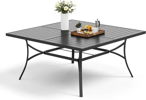 Vista 7 de MFSTUDIO Mesa de comedor al aire libre cuadrada de 60" de metal, mesa grande de patio con 8 plazas y agujero ajustable para sombrilla para terraza