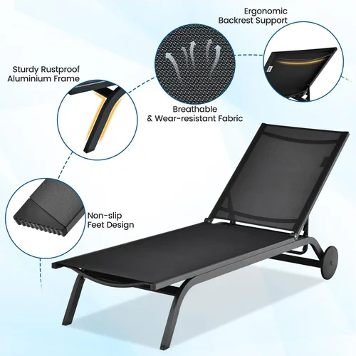 Vista 5 de COSTWAY Tumbona para patio al aire libre, sillón reclinable ajustable de 6 posiciones con marco de aluminio estable, silla portátil al aire libre